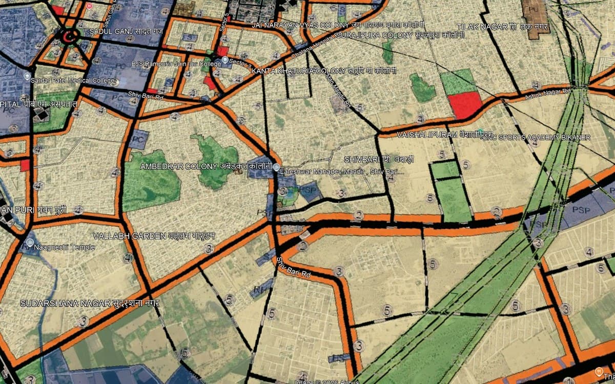 Master-plan and zoning overlay on a satellite basemap: road hierarchy in orange and black, land-use colours, sector boundaries and named colonies